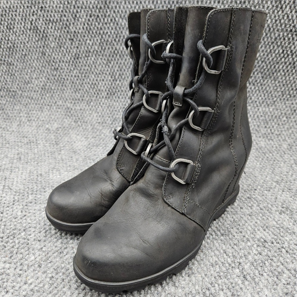Sorel Boots (Women's 10) Black Joan of Arctic Hidden Wedge II Lace Up Leather